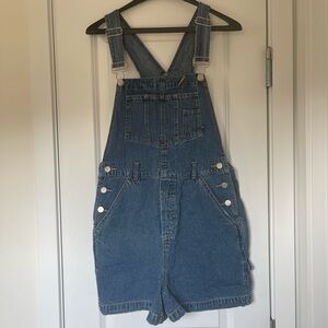 Blue denim cargo shorts overalls with adjustable straps and buttons